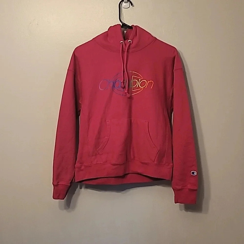 Vintage Women's Champion pink drawstring Hoodie Y2K rainbow logo size med LOT-B